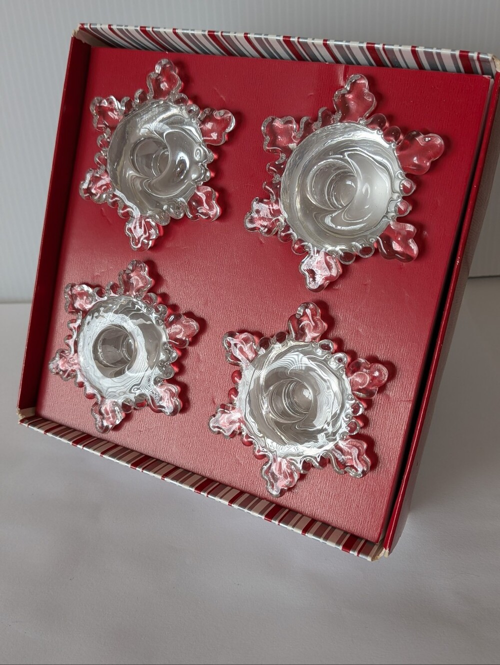 Williams Sonoma Clear Glass Snowflake Taper Holders - Set of 4